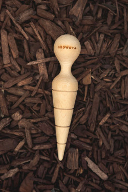 Wooden garden dibber designed by Daly Co. for GrowOya’s water-saving product line, crafted from Yellow Cedar to ensure consistent planting depths for garlic and other bulb crops. 